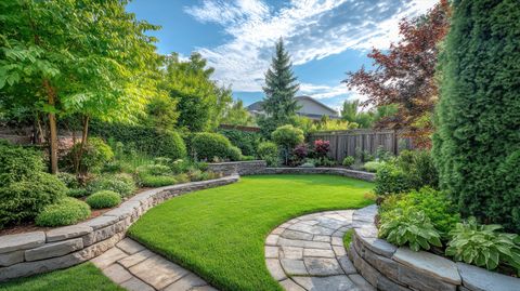 Landscaped backyard with lush lawn, garden beds and stonework in Lincoln County, Oregon
