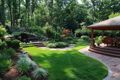 Custom landscape design with lawn, beds and stonework in Lincoln County, Oregon