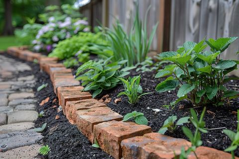 Lush garden bed with shrubs and stone border in Lincoln County, Oregon