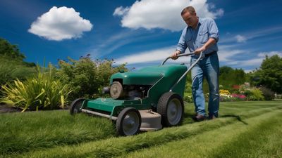 Lawn care and mowing service on a green lawn in Lincoln County, Oregon