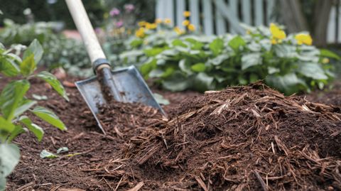Fresh mulch spread in a landscaped garden bed in Newport, Oregon