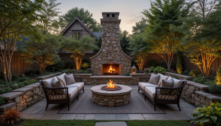 Custom stone outdoor fireplace and fire pit patio built by Steve Smith Masonry on the Oregon Coast