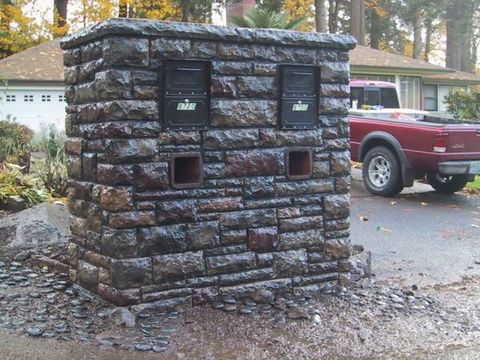 Stone veneer security mailbox structure built in Lincoln County, Oregon